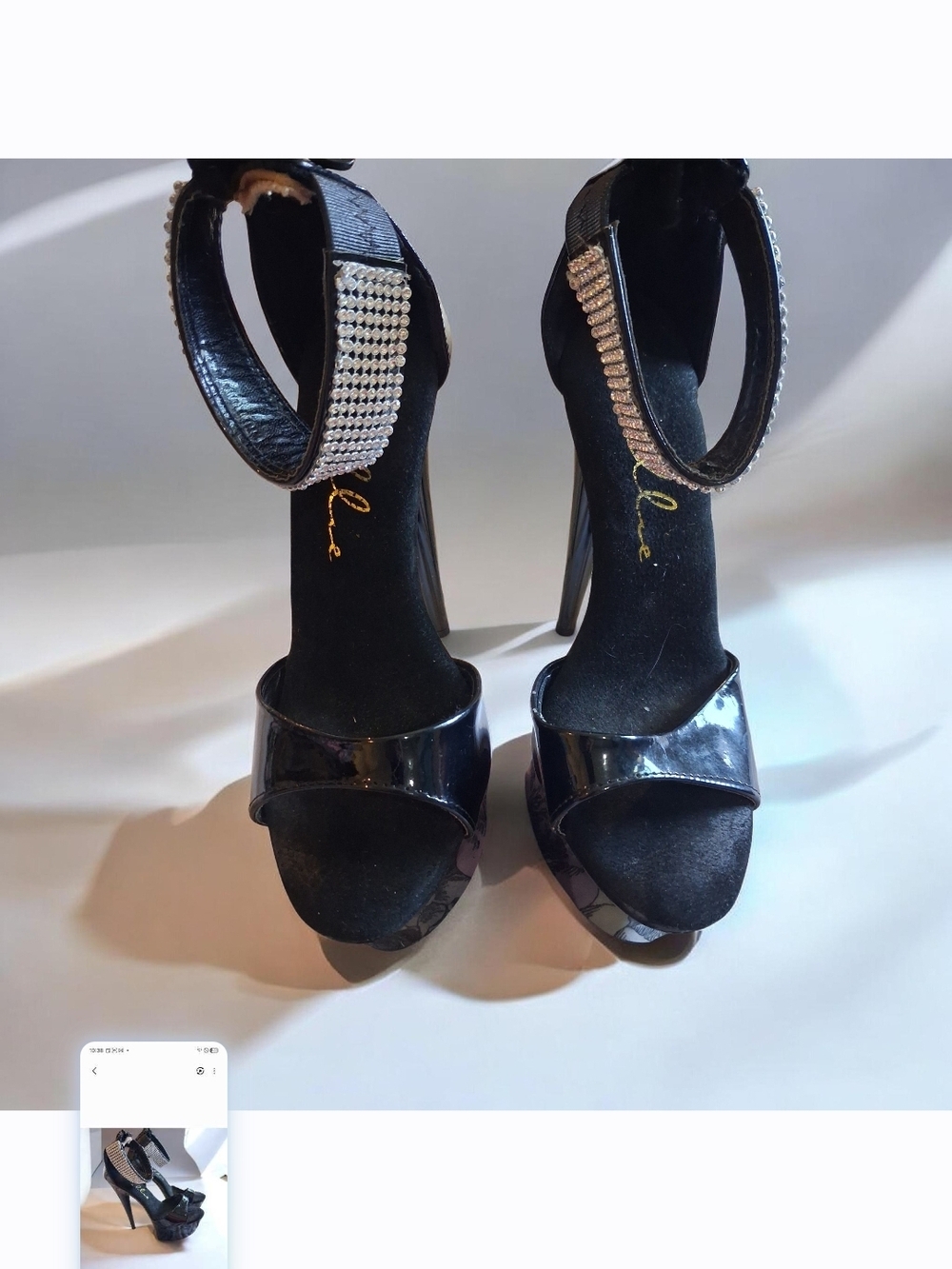 Ellie Black Patent Platform Stiletto Sandals with Embellished Ankle Strap - Picture 2 of 5